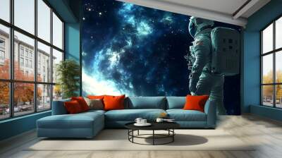 Astronaut in space suit with Earth and stars in the background. Wall mural