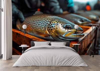 Close-up of a brown trout in a wooden crate with other fish in the background. Wall mural