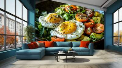 Close-up of a salad with avocado, fried eggs, cherry tomatoes, and greens. Wall mural