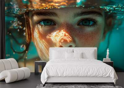 Close-up of a young girl's face underwater, with bubbles and sunlight reflecting on her skin. Wall mural