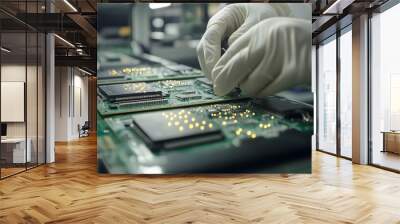 Close-up of gloved hands working on a circuit board with chips. Wall mural