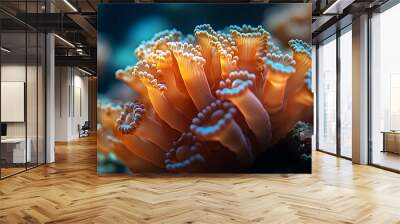 Close-up of vibrant coral polyps with a blue hue, underwater. Wall mural