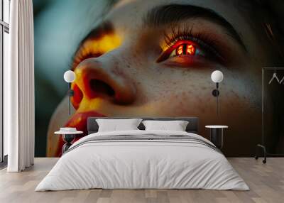 Close-up portrait of a woman's face with freckles and an eye glowing red. Wall mural