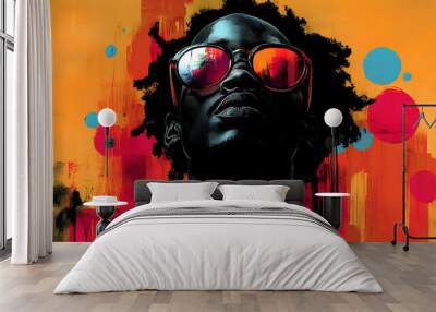 Close-up portrait of a young man with an afro wearing sunglasses against an abstract, colorful background. Wall mural