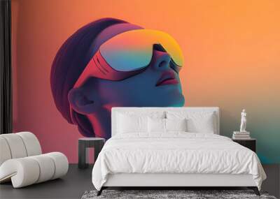 Closeup portrait of a woman wearing futuristic sunglasses against a colorful background. Wall mural