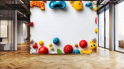 Colorful assortment of playful toys arranged around a blank space. Wall mural