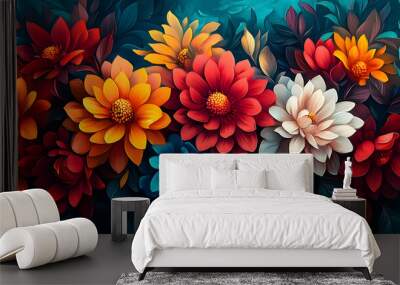 Colorful flowers with red, yellow, white, blue petals and green leaves in a dark background. Wall mural