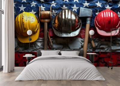 Construction helmets and tools on a textured background. Wall mural