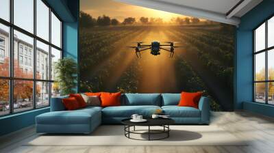 Drone flying over a field of crops at sunset. Wall mural