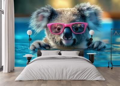 Koala wearing pink sunglasses in a swimming pool. Wall mural