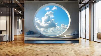 Minimalist interior with a circular window overlooking a blue sky with white clouds. Wall mural