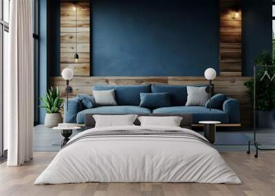 Modern living room with blue sofa, wooden wall, and plants. Wall mural