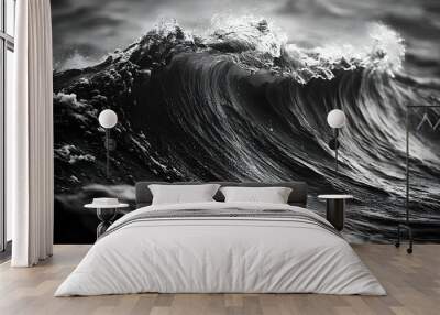 Monochrome wave crashing in the ocean. Wall mural