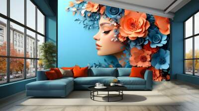 Paper flower art with woman's face. Wall mural