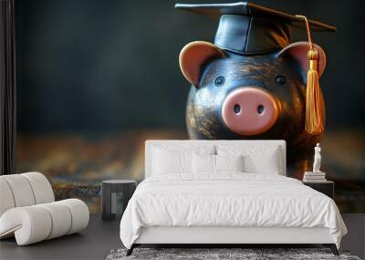 Piggy bank with graduation cap and tassel on a wooden table. Wall mural