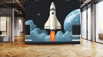 Rocket launching into space between two desktops with one displaying a graph. Wall mural