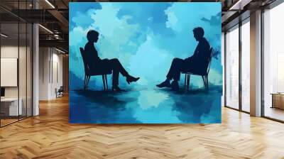 Silhouettes of two people seated in conversation against a blue abstract background. Wall mural