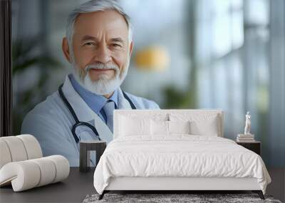 Smiling senior doctor with stethoscope in hospital setting. Wall mural