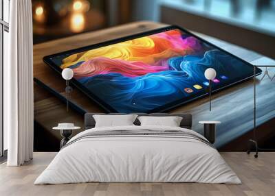 Tablet with stylus and abstract colorful design on the screen, sitting on a wooden table. Wall mural