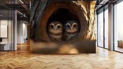 Two baby owls peek out of a tree hollow. Wall mural