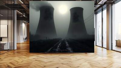 Two cooling towers rising from the fog in the distance, with a power line in the foreground, illuminated by the sun. Wall mural