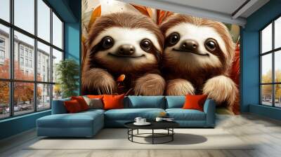 Two cute sloths smiling at the camera with orange leaves behind them. Wall mural