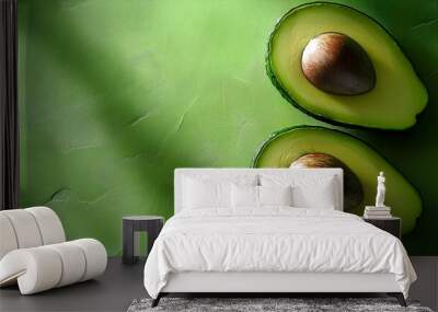 Two halved avocados with pits on a green background. Wall mural