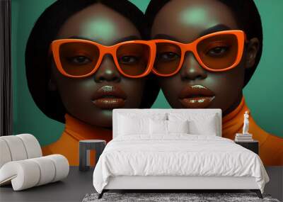 Two women with dark skin wearing bright orange sunglasses and turtlenecks. Wall mural