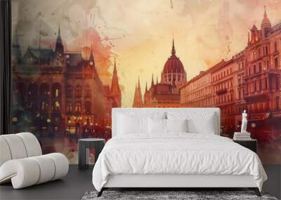 Watercolor Illustration of Budapest Cityscape with Hungarian Parliament Building Wall mural