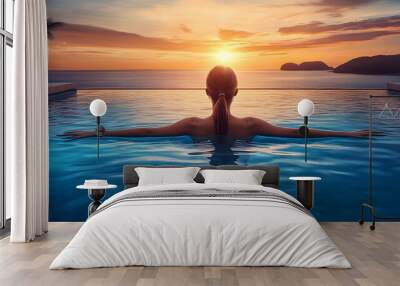 Woman Relaxing in Infinity Pool at Sunset - Realistic Image Wall mural