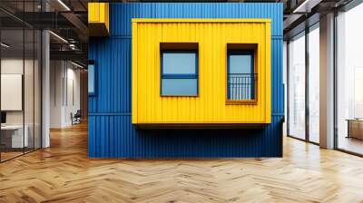 Yellow and blue metal building with windows and balcony. Wall mural