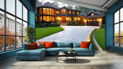 A beautiful modern house with a stone facade and landscaped garden. Wall mural