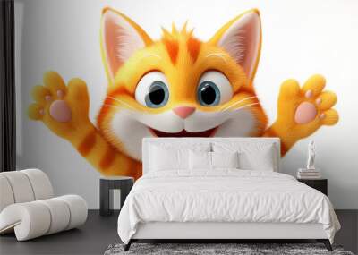 A cheerful cartoon cat with orange stripes and big eyes, raising its paws joyfully. Wall mural