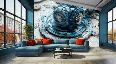 A close-up of intricate blue mechanical gears and components, showcasing industrial design. Wall mural