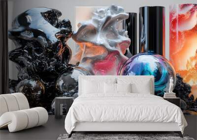 A collection of abstract, reflective objects with fluid shapes and vibrant colors. Wall mural