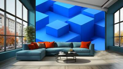 A collection of blue 3D cubes arranged in a visually appealing pattern. Wall mural