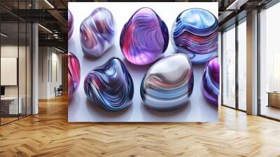 A collection of colorful, swirled glass stones displayed artistically. Wall mural