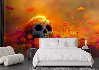 A colorful sugar skull rests in a field of vibrant flowers, surrounded by a warm golden glow. Wall mural