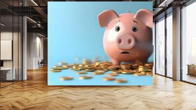 A concerned piggy bank surrounded by scattered coins. Wall mural