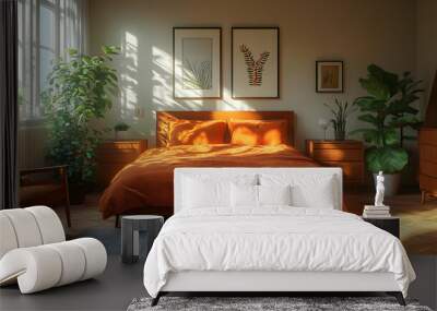 A cozy and stylish bedroom with a large bed, two nightstands, a chair, and plants. The room is decorated in a mid-century modern style with warm colors and natural light. Wall mural