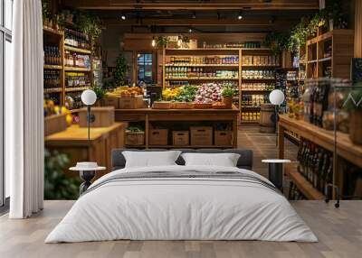 A cozy grocery store interior filled with fresh produce and various goods. Wall mural