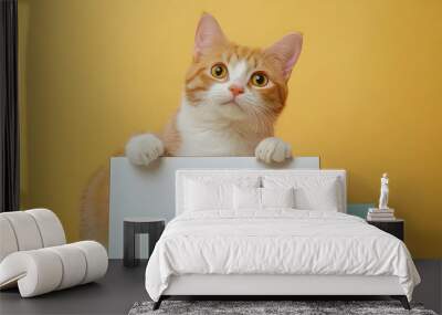 A curious orange and white cat with bright green eyes holds up a white sign against a yellow backdrop, looking up. Wall mural