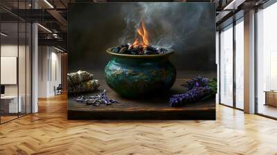 A decorative incense burner with smoke and lavender. Wall mural