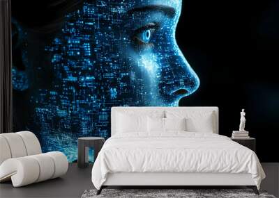 A digital representation of a human face merged with technology and data. Wall mural