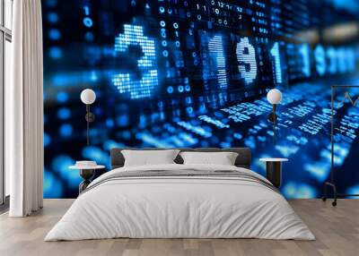 A digital representation of binary data and numbers in blue tones, suggesting technology themes. Wall mural