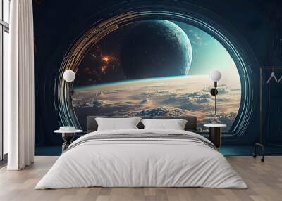 A futuristic view of a planet from a spacecraft window. Wall mural