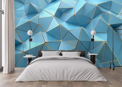 A geometric abstract pattern featuring blue facets with golden edges. Wall mural