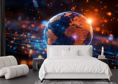 A glowing digital representation of Earth with a network background. Wall mural