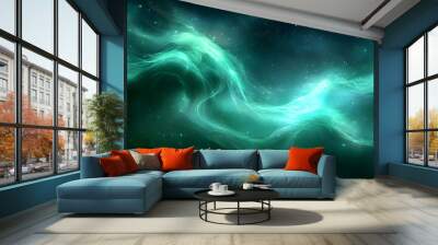 A mesmerizing cosmic scene with swirling green and blue light against a starry backdrop. Wall mural