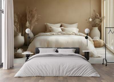 A minimalist bedroom with a large bed,  two wicker baskets, three large vases with dried plants, and a jute rug. Wall mural